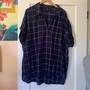 Tahari Tunic 2X Navy Windowpane Plaid Linen Blend Popover Blouse Coastal Relaxed